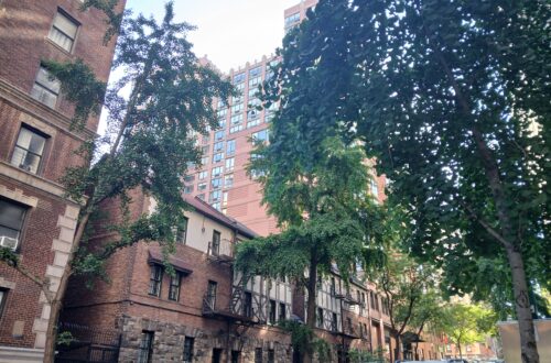 Una fila di piccole case in stile inglese Tudor con facciate colorate e balconi fioriti lungo una stradina pedonale, la Pomander Walk di Manhattan