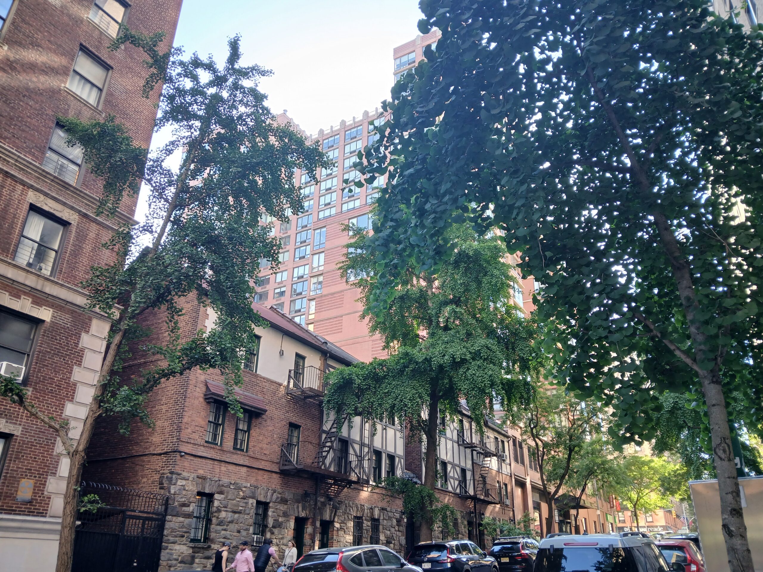 Una fila di piccole case in stile inglese Tudor con facciate colorate e balconi fioriti lungo una stradina pedonale, la Pomander Walk di Manhattan